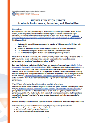 Higher Education Update: Academic Performance, Retention, and Alcohol Use