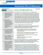 Adolescent Health Highlight: Access to Mental Health Care cover page